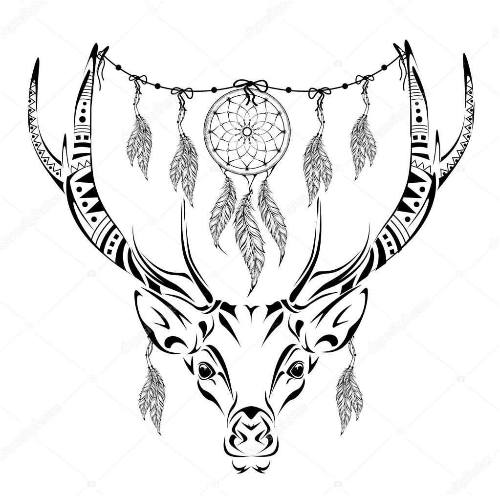 stock illustration hand drawn magic horned deer