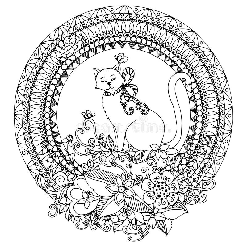 illustration stock chat de zen tangle d illustration de vecteur dans le cadre rond fleurs de griffonnage mandala anti effort de livre de coloriage image