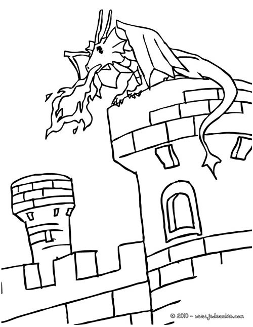coloriage chevaliers et dragons un dragon sur un chateau fort