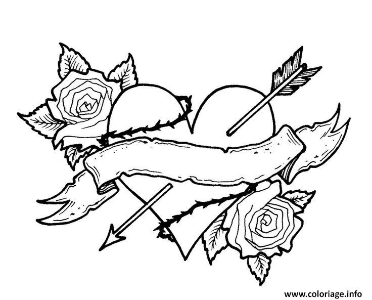 coeur fleur rose fleche vintage coloriage