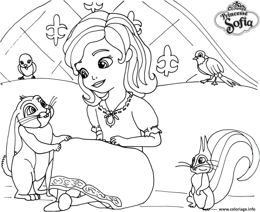 princesse sofia sur son lit avec un lapin coloriage