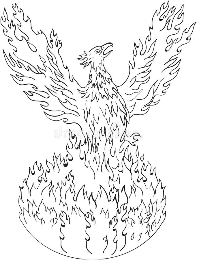 illustration stock dessin noir et blanc en hausse de flammes ardentes de phoenix image