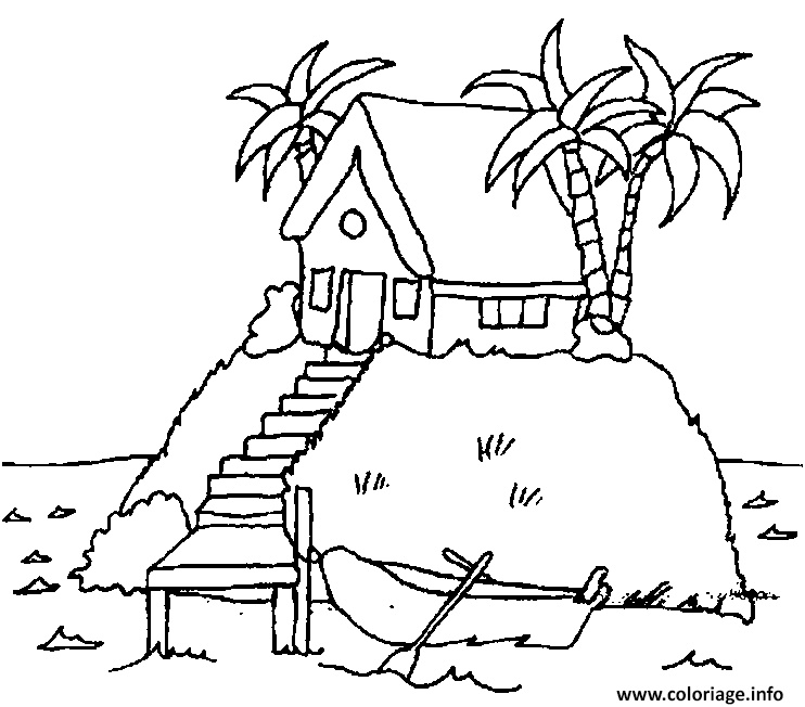 palmier maison pres de la plage coloriage