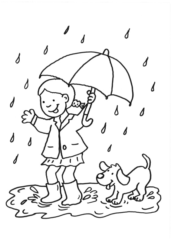 coloriage a imprimer chien et enfant sous la pluie