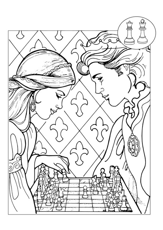 coloriage prince et princesse jouant aux echecs i