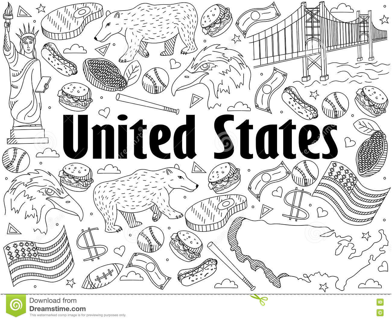 stock illustration united states coloring book vector illustration line art doodle set cartoon characters objects image