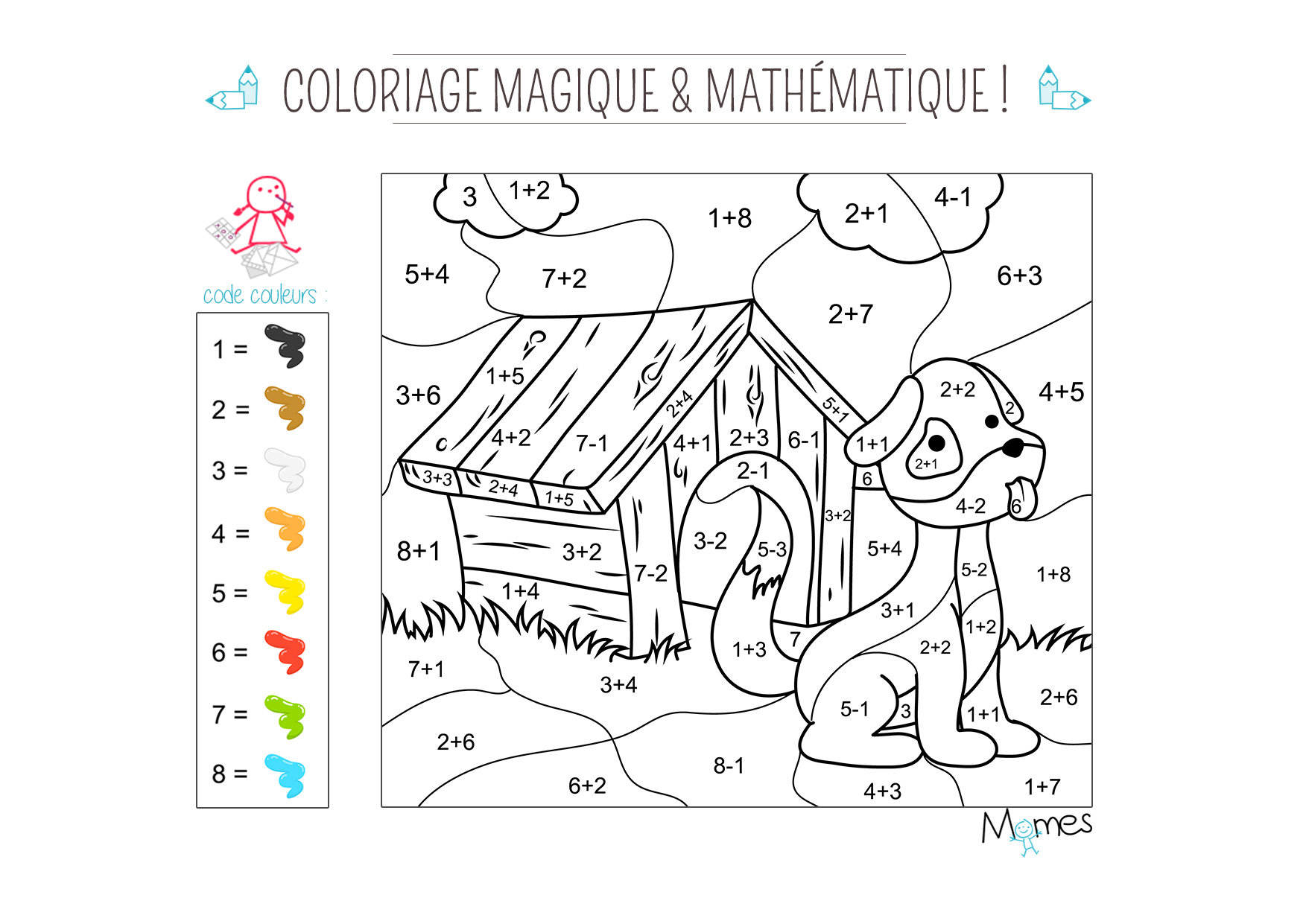 Coloriage magique et mathematique le chien
