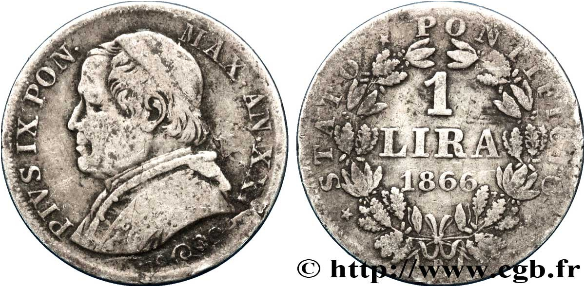 vatican et etats pontificaux 1 lire pie ix type grand buste an xxi 1866 rome tb fwo a