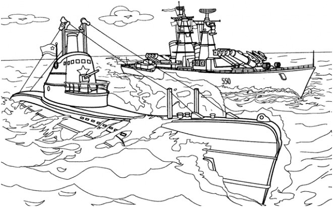 sous marin et bateau de guerre