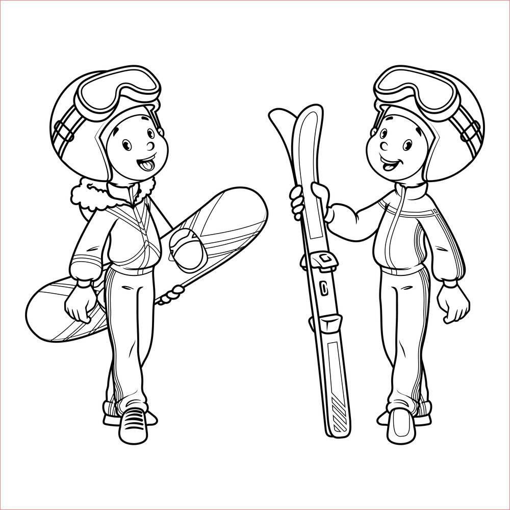 coloriage a imprimer un garcon et une fille vont skier