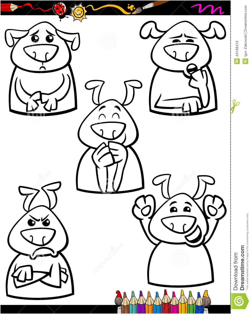 stock illustration dog emotion set cartoon coloring book page illustration black white funny dogs expressing emotions children image