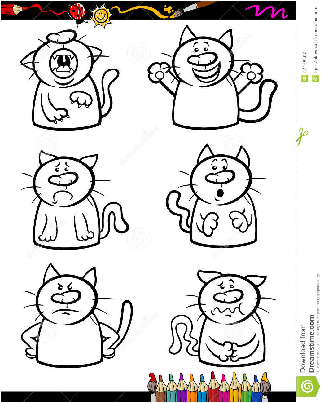 stock illustration cats emotion set cartoon coloring book page illustration black white funny expressing emotions children image