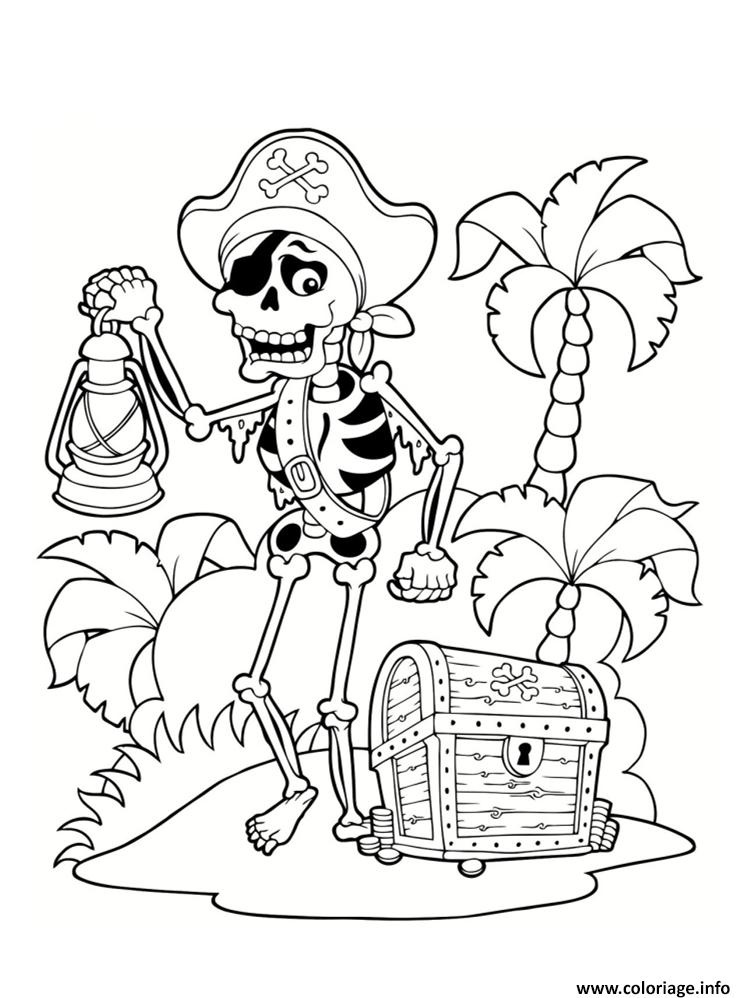 dessin pirate squelette ile tresor palmier coloriage