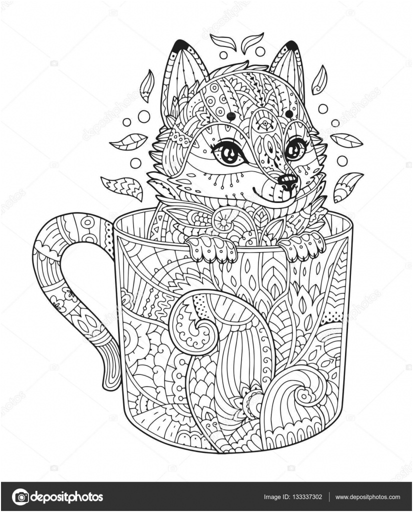 stock illustration fox in cup coloring page