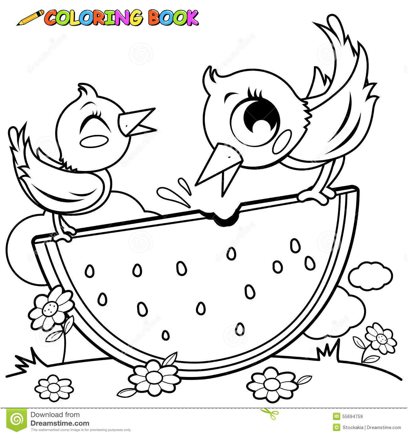 illustration stock oiseaux mangeant la page de livre de coloriage de pastèque image