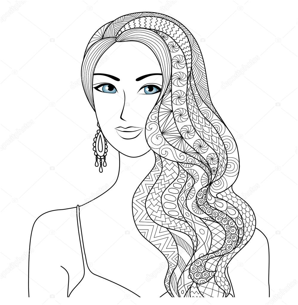 stock illustration drawing woman zentangle hair