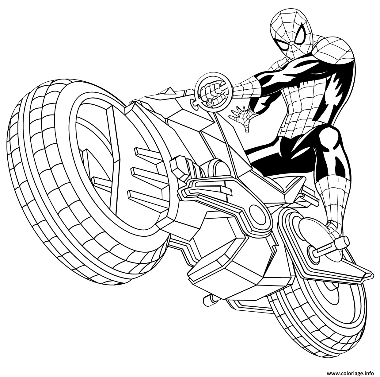 spiderman avec sa spider moto auto tres rapide coloriage
