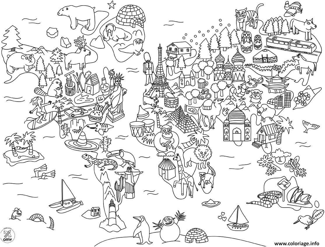 xxl carte du monde en dessin anime coloriage dessin