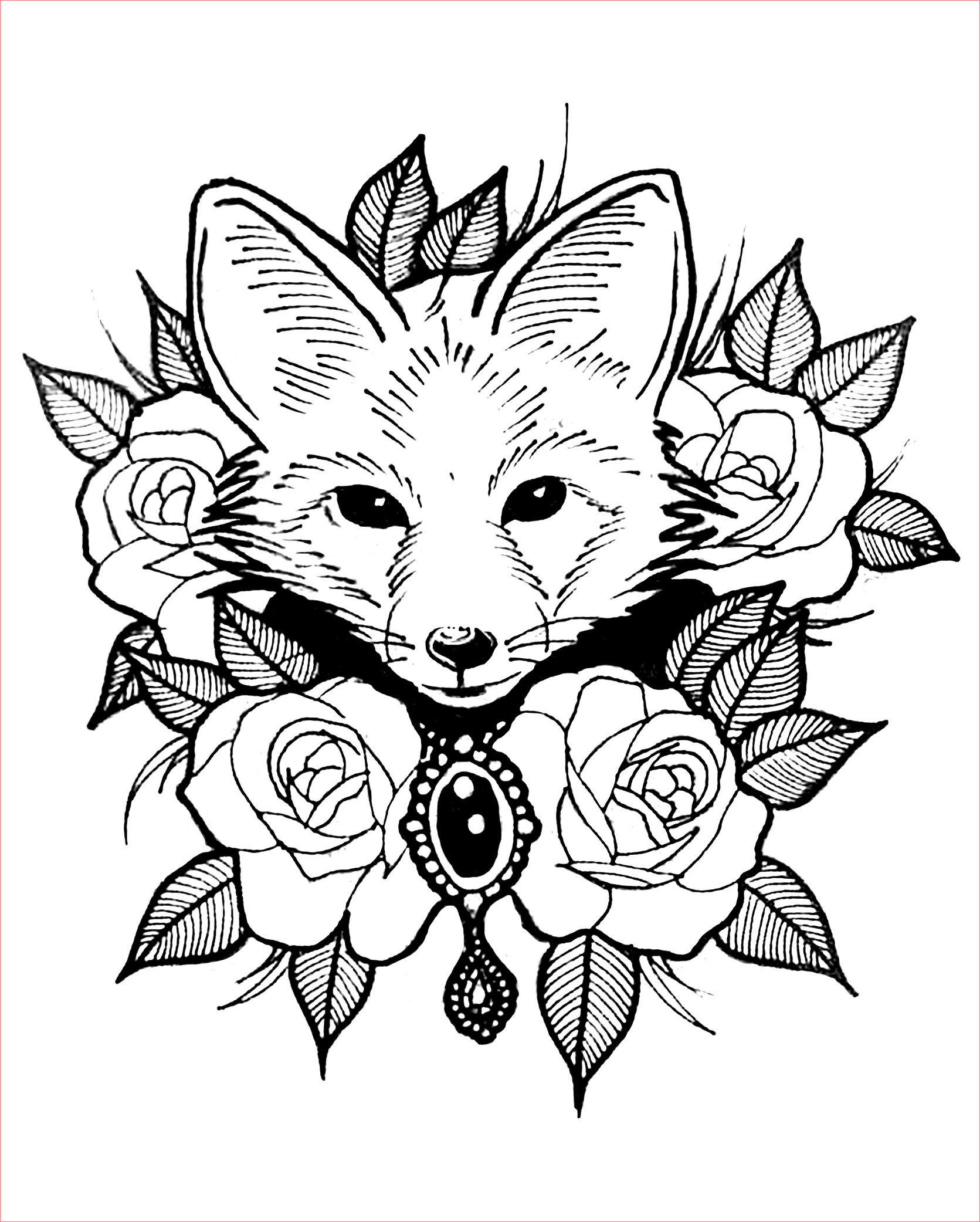 image=animaux coloriage renard et roses style tatouage 1