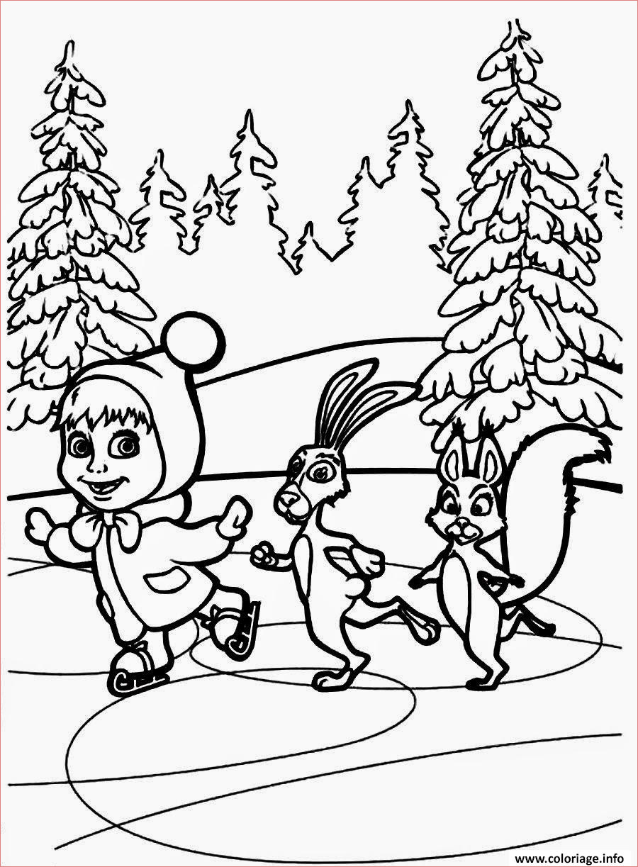 masha et michka patinage avec ses amis coloriage