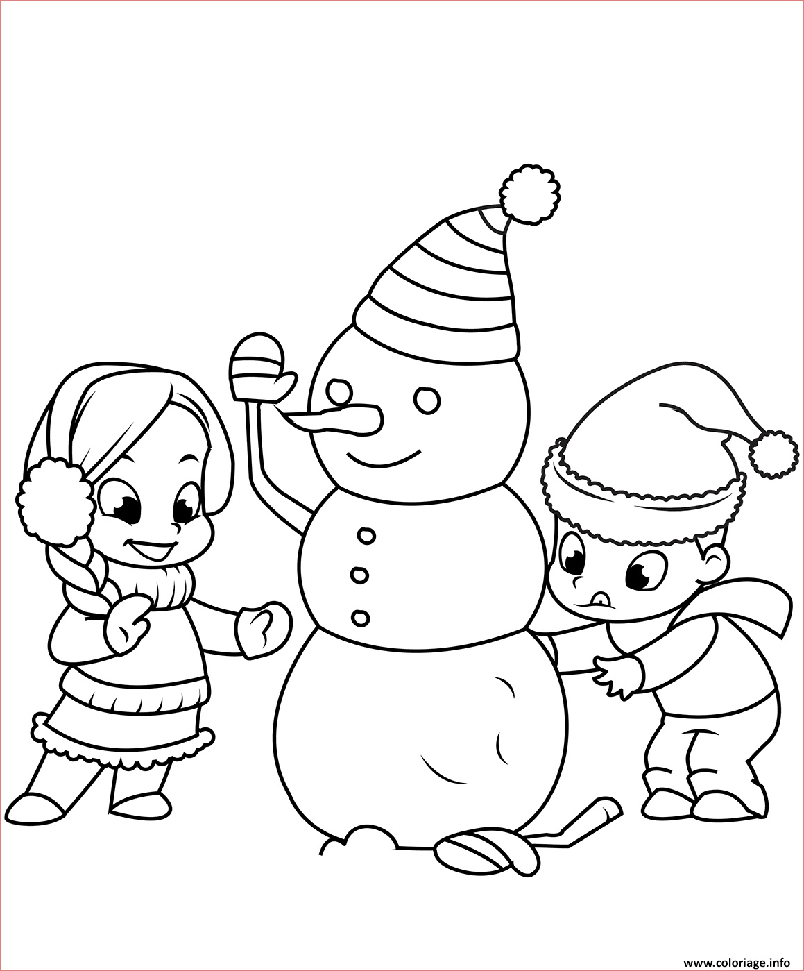 les enfants construisent un bonhomme de neige coloriage