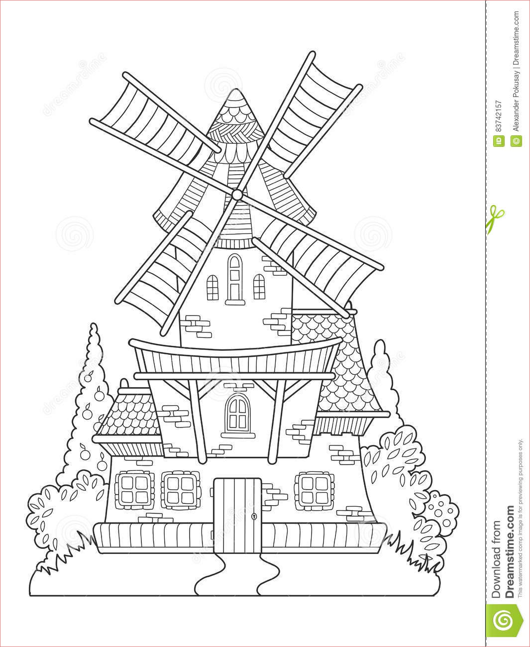 illustration stock livre de coloriage de dessin de vecteur de moulin à vent pour des adultes image