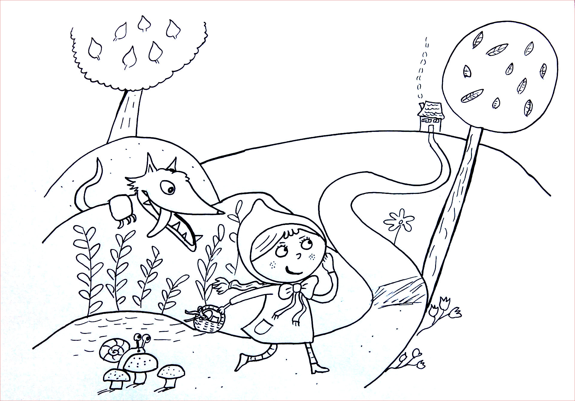 image=kids fairy tales coloring Little Red Riding Hood ambushed by wolf 1