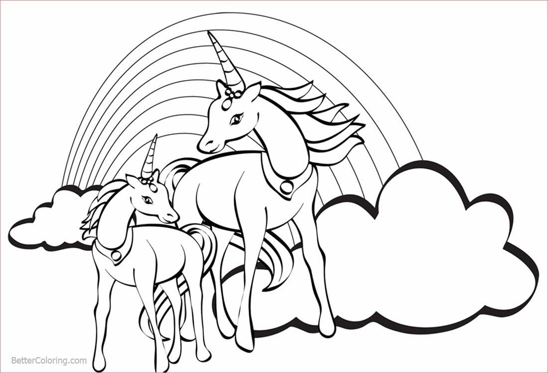 two unicorns coloring pages with rainbow