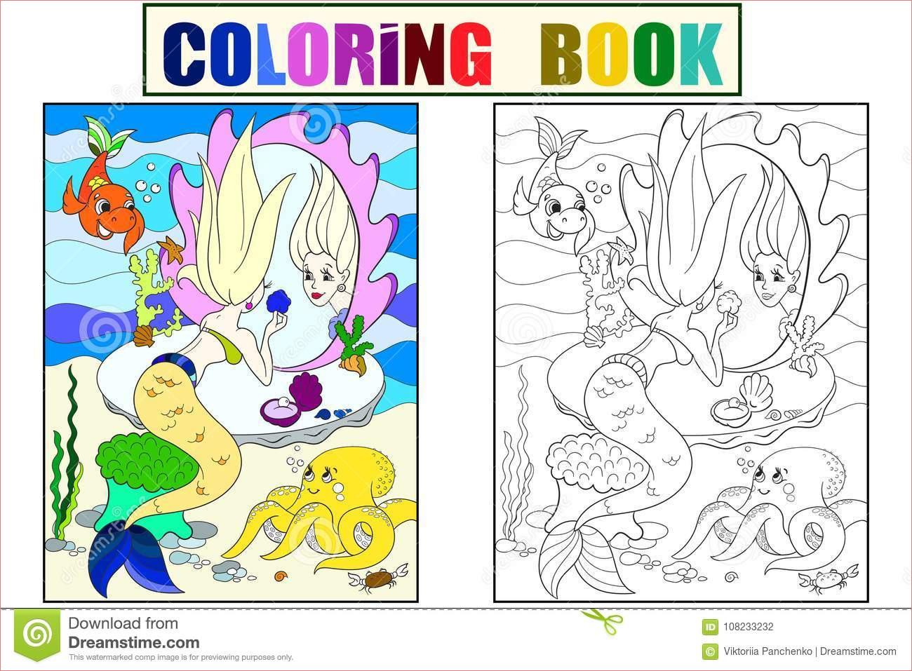 sirène regarde livre coloriage miroir l illustration vecteur bande dessinée d enfants couleur noire blanche image