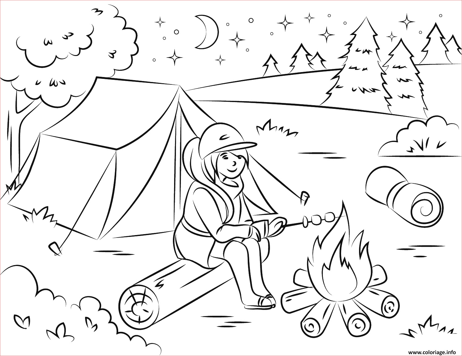 camping fille chauffe des guimauves ete vacance coloriage dessin